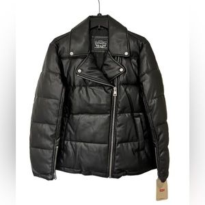 Levi's BLACK Women's Faux Leather Moto Puffer Jacket new with tag